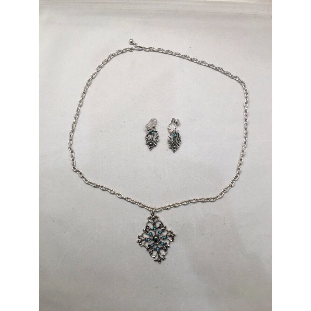 VINTAGE AVON TURQUOISE HEMATITE Look NECKLACE EARR